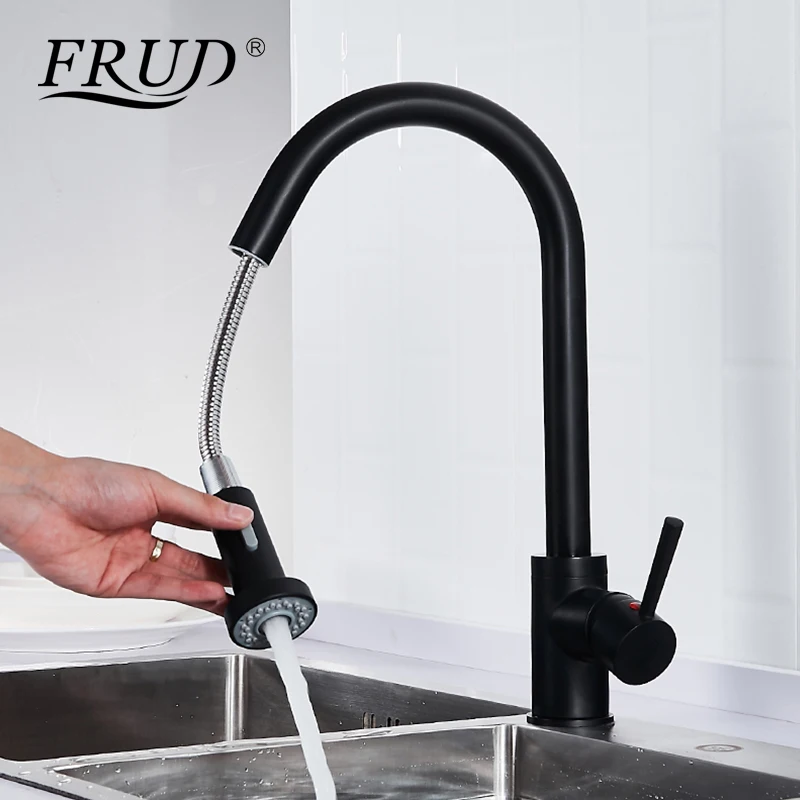 

Frud New Black Luxury Pull Out Kitchen Sink Faucet Single Handle 360 Degree Rotation Spout Taps Two Ways To Outflow Taps Y40072