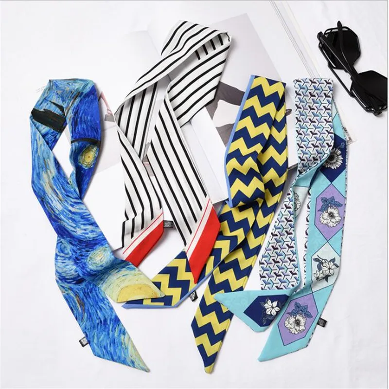 

2019 Women Small Silk Scarf Striped Patchwork Dot Print Floral Letter Handle Bag Ribbon Long Scarves Neck Headwear Wrap Ties