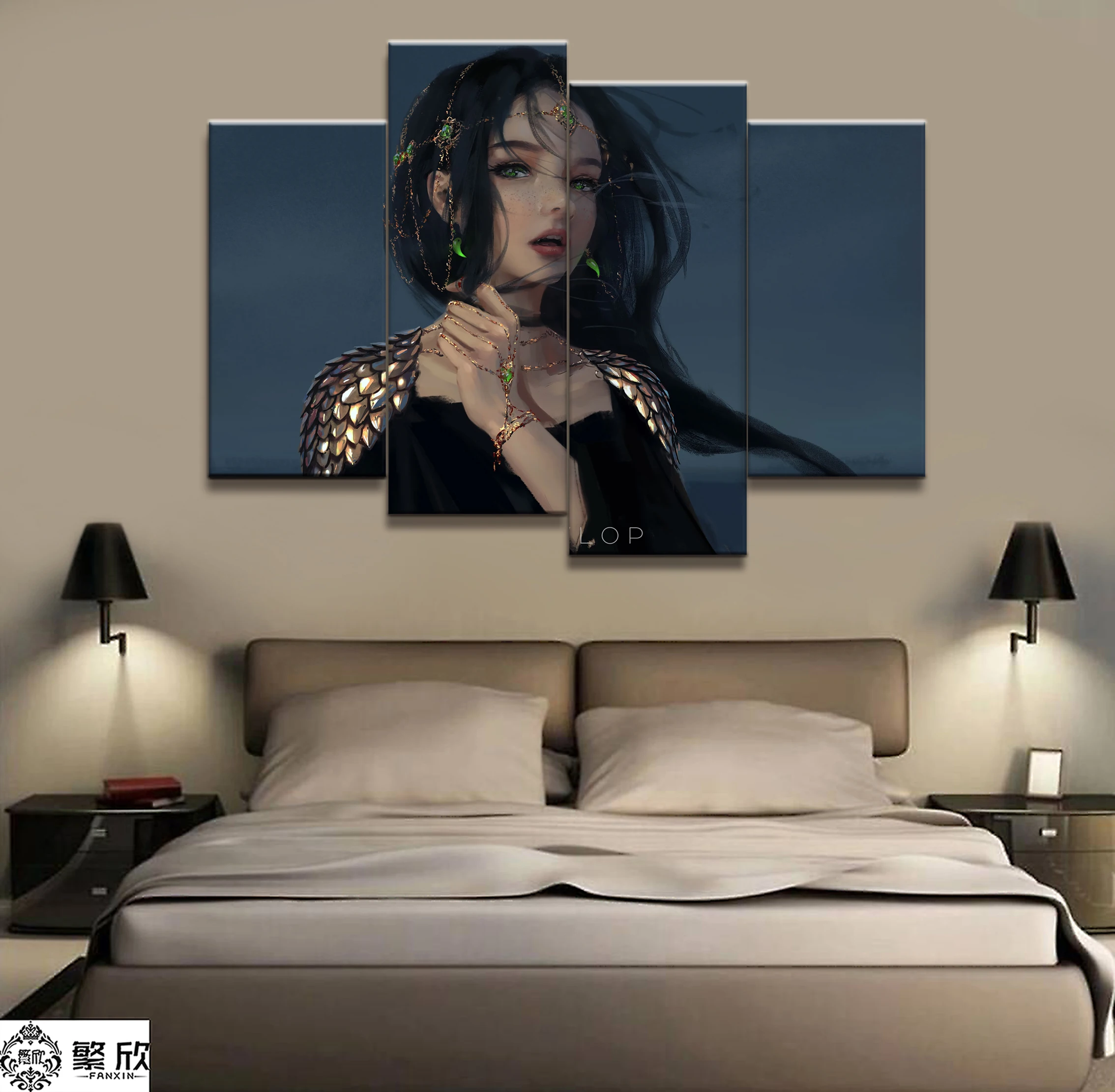 

Home Decor Modular Canvas Picture 4 Piece WLOP Ghost Blade Angel Princess Anime Painting Poster Wall For Home Canvas Wholesale