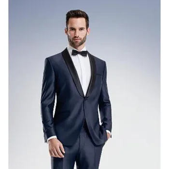 

2018 New satin Shawl Lapel Navy blue Groom mens suit Tuxedo men Wedding Custom made business Groom Business Suits (Jacket+Pants)