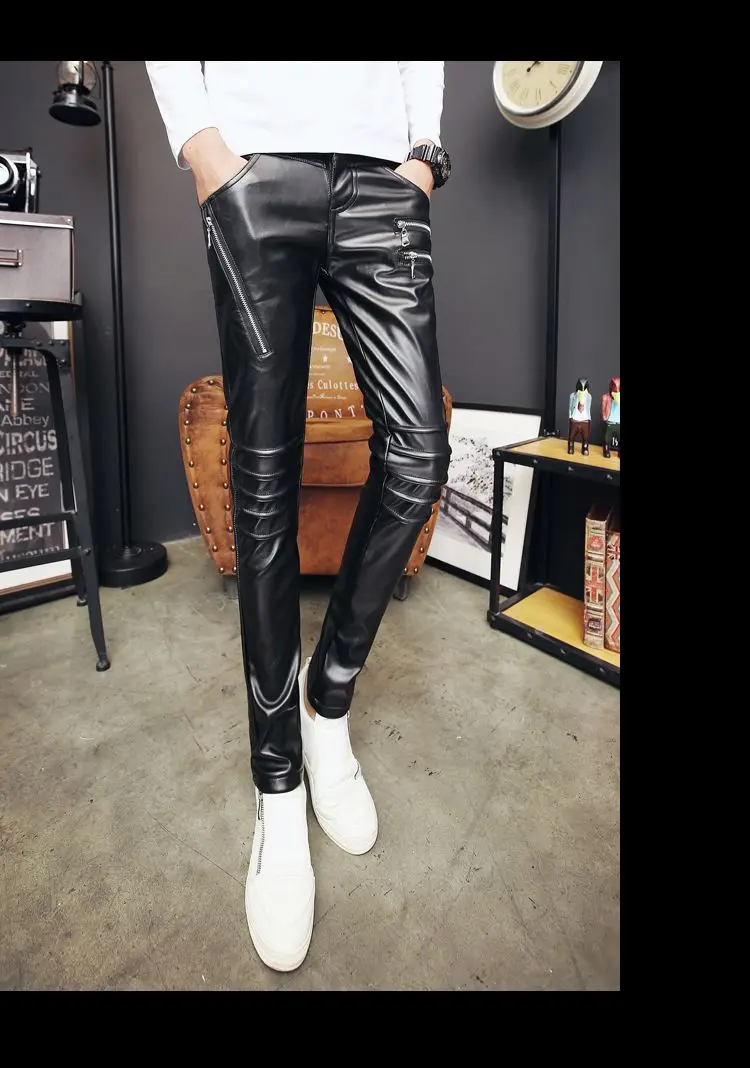 MIXCUBIC английский стиль простые черные ПУ кожаные брюки мужские повседневные тонкие узкие мульти-молния ноги брюки для мужчин, 28-34