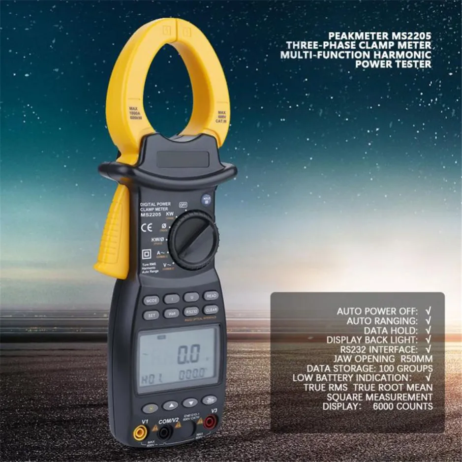 

MASTECH MS2205 RS232 USB True RMS Auto Range Three Phase Harmonic Power Clamp Meter 1000A 600KW 1000Hz