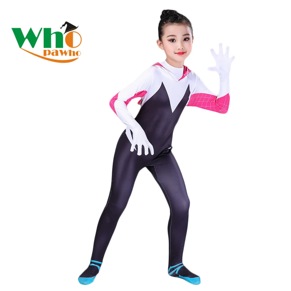 

New Spider Gwen Costume Spiderman Gwen Stacy Zentai Suit Spidergirl Bodysuit Halloween Costume for Kids Women Cosplay