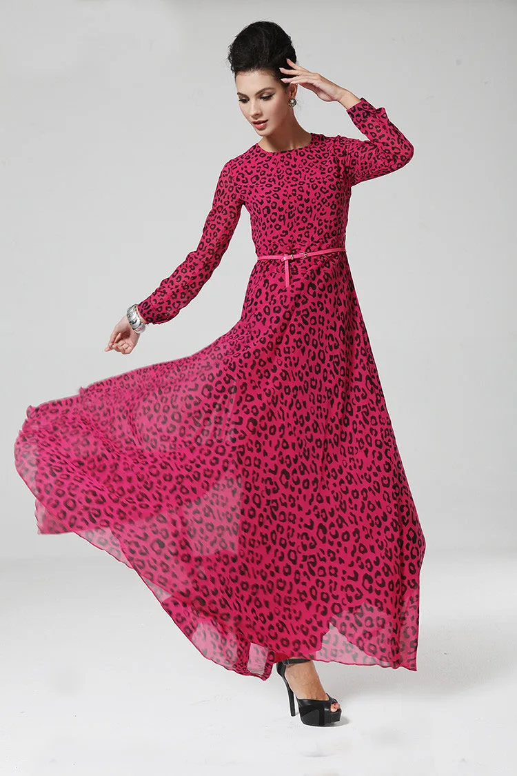 

Chiffon long dress leopard print islamic abaya islamic clothing pink colours animal print long dress