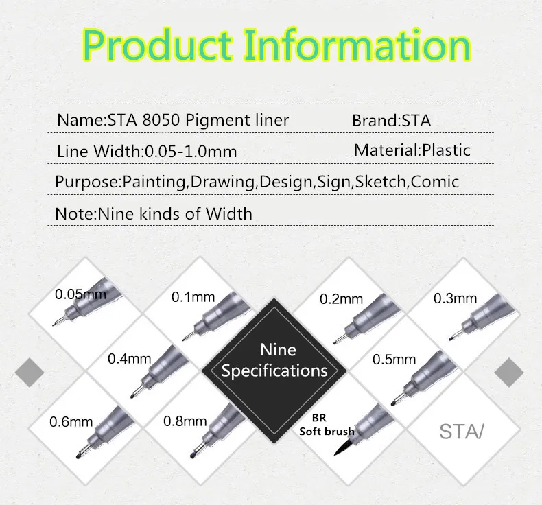STA 8050 Art Sketch comics Art Marker Pen Pigment Liner Water Based For Drawing Handwriting School office stationery waterproof 6