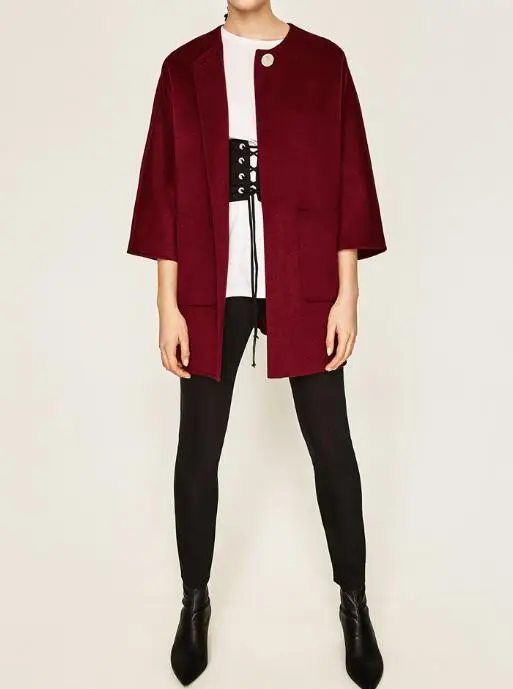 2017 Spring New Simple Style Womens Burgundy Red Handmade Wool Round Collar Coat With Patch 