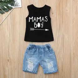 Комплект одежды для маленьких мальчиков, жилет с буквенным принтом, топы + джинсовые шорты с дырками, одежда для маленьких мальчиков