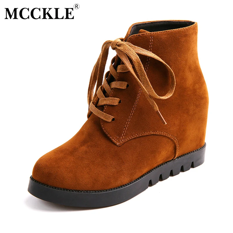 

MCCKLE Women's Fashion Increased Internal Lace Up Ankle Boots Female Wedges Platform Autumn Solid Casual Comfortable Shoes