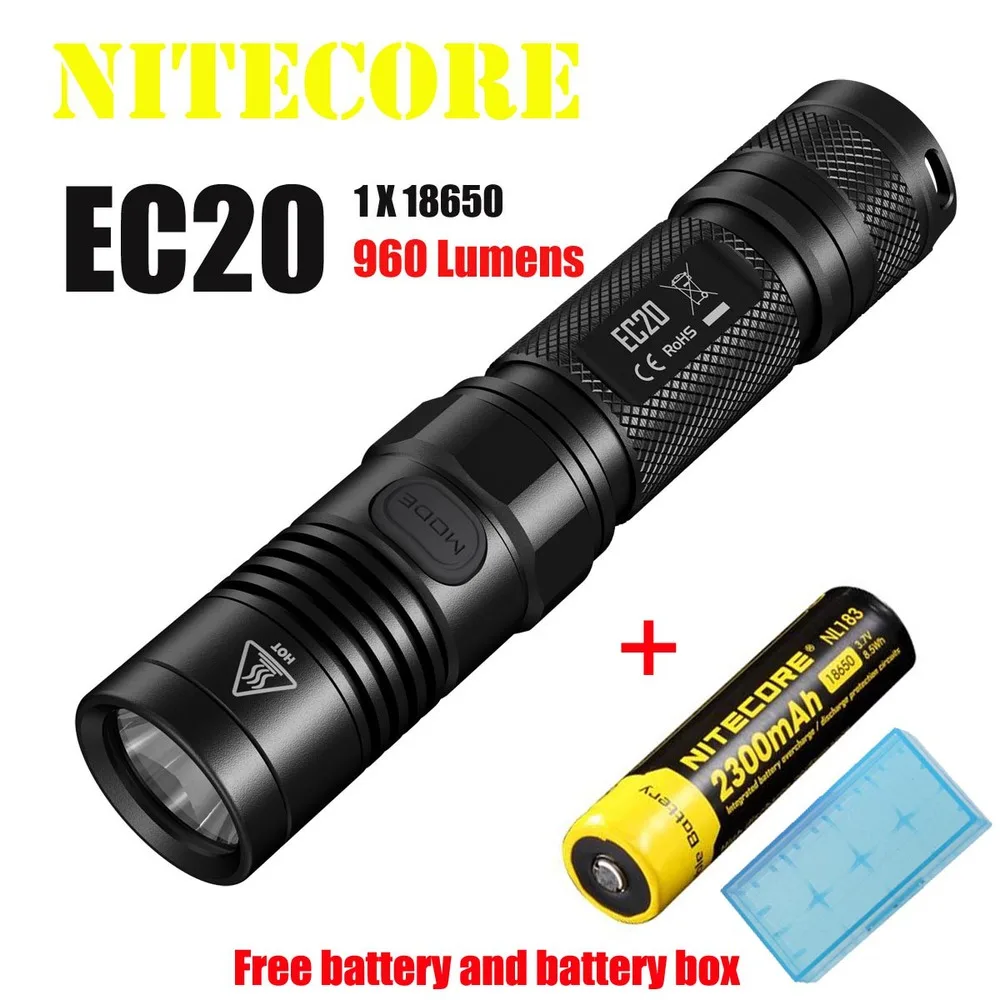 Nitecore EC20 фонарик Cree XM-L2 T6 светодиодный 960 люмен 222 м дистанция светодиодный фонарь Водонепроницаемый+ NL183 2300 мАч батарея+ батарейный блок