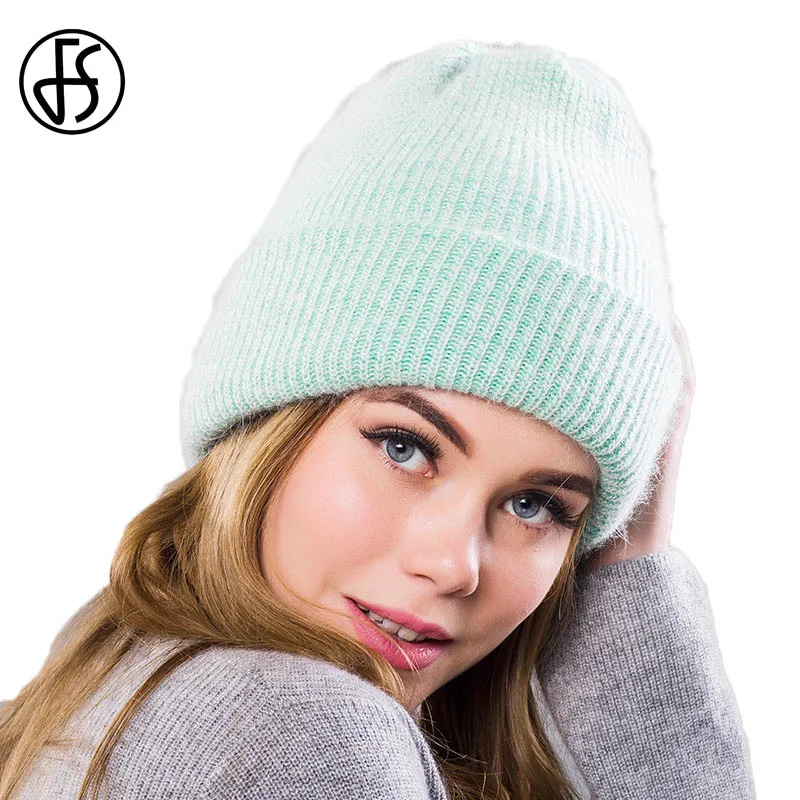 

FS Angola Wool Rabbit Fur Beanies Ladies Winter Warm Knitted Hat Thick Elegant Pregnant Women Hats Female Caps Double Deck 2018