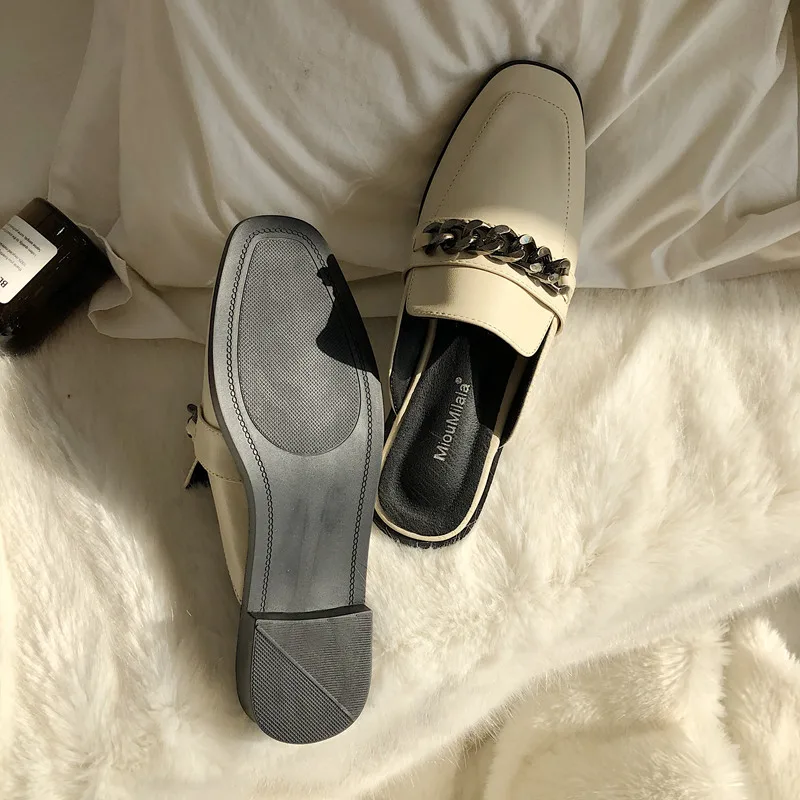 Весенне-осенние тапочки на низком квадратном каблуке с цепочкой и квадратным носком женские уличные тапочки на квадратном каблуке праздничные тапочки, размер 35-41