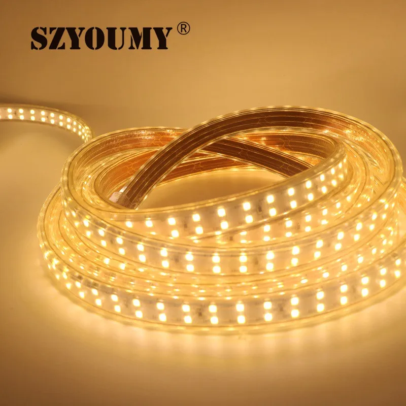 SZYOUMY яркие 50 м 180led/м 220 В светодиодные ленты SMD 2835 двухрядные теплые белые/белые Тиры светодиодные ленты Водонепроницаемый + разъем питания