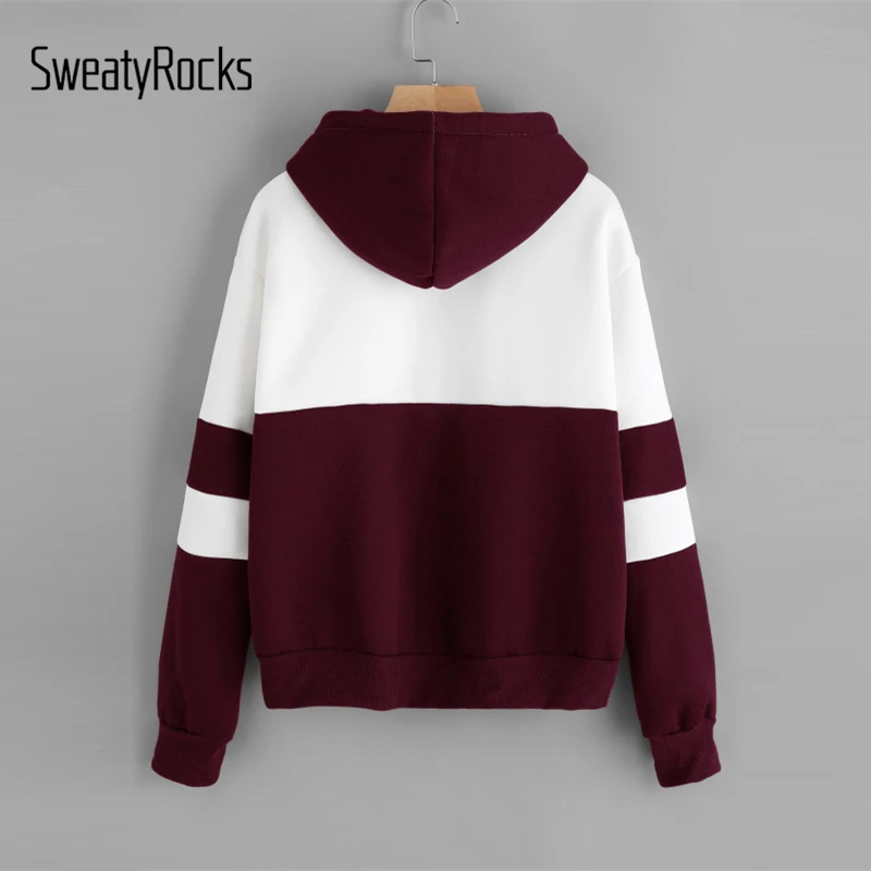  SweatyRocks Athleisure Color Block Drawstring Letter Hoodie Long Sleeve Pullovers Tops 2018 Autumn 