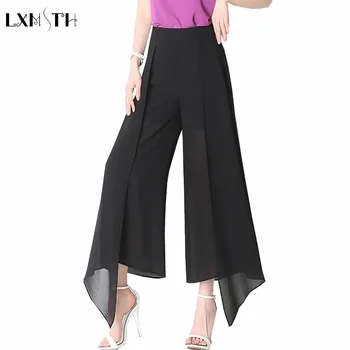 

LXMSTH Plus Size Wide Leg Pants Women Summer Irregular Fashion Elegant Chiffon Pants Loose Black pantalones mujer cintura alta