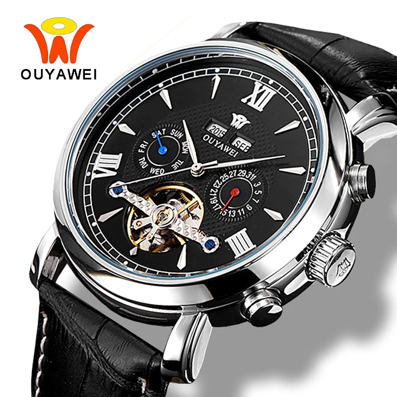 Мужские автоматические часы Ouyawei Tourbillon черные Механические Многофункциональные