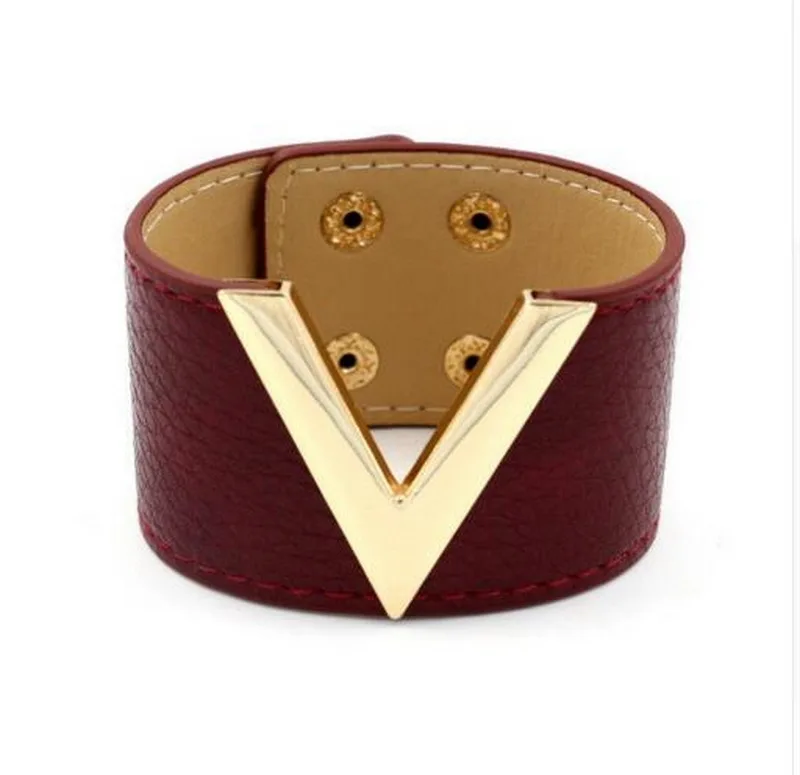 

2018 New Hand Jewelry PU Leather Punk Cuff Bracelet Bangle Wrap Wristband Simple All-Match OL V Word Wide Bracelet For Women