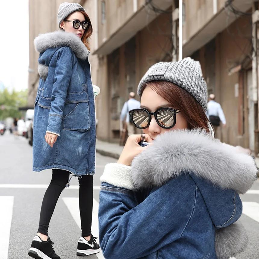 Europe Women Long Winter Coat Thick Denim Jacket Female Real Fox Fur Hood Cashmere Coat With Padded Lamb 2016 Winter Coat Women