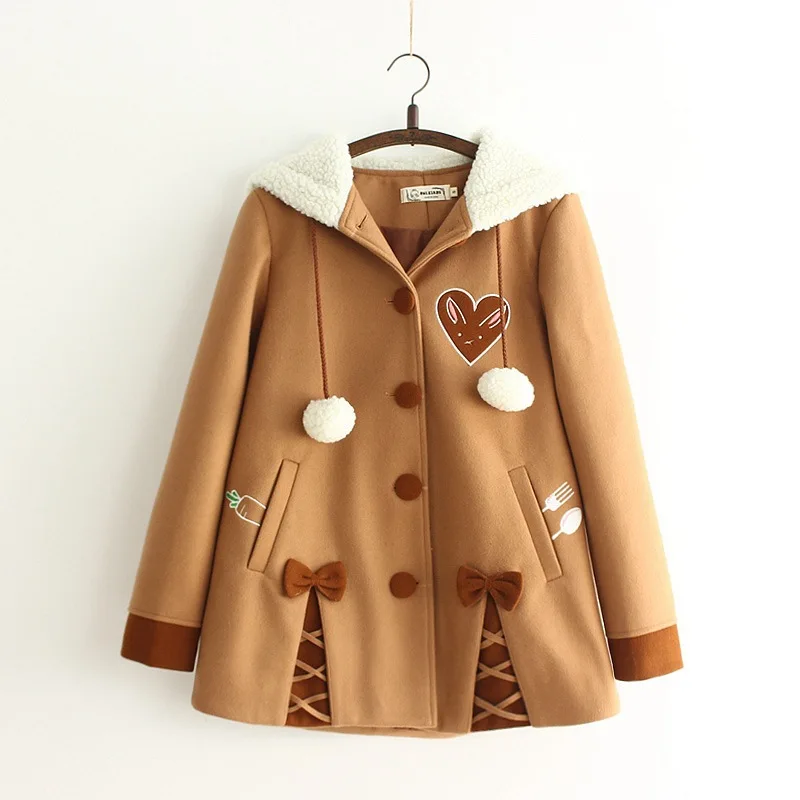 

Japanese Lolita Mori Girl Vintage Retro Boho Loose Bow High Quality Fleece Hoodie Wool Blends Coat Fur Poncho Thick Warm Jacket
