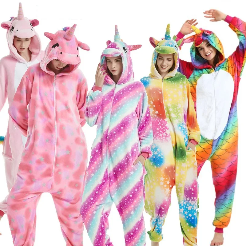 Зимние пижамы с животными для взрослых наборы для ухода за кожей мультфильм пижамы единорог стежка Unicornio для женщин теплые фланелевые с Hooded