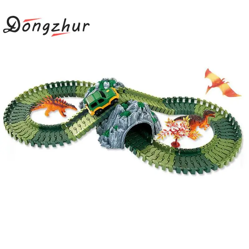 

Race Car Track Set Diy Assembled Building Blocks Double Stereo Dinosaur Electric Rail Car Toy Kids Flexible Dinosaur Toy