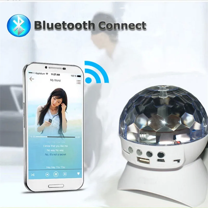 سمّاعات بلوتوث المرحلة ضوء تحكم RGB LED البلورة السحرية كرة تأثير الضوء DJ شعاع ضوء لنادي الديسكو إضاءة حفلات USB/TF/FM راديو