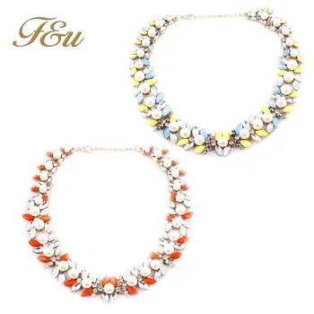 

F&U N259 Women Fashion Jewelry Bright Royal Blue Flower Bib Statement Pendant Necklace drop Rainbow Chunky Choker Collar #2239