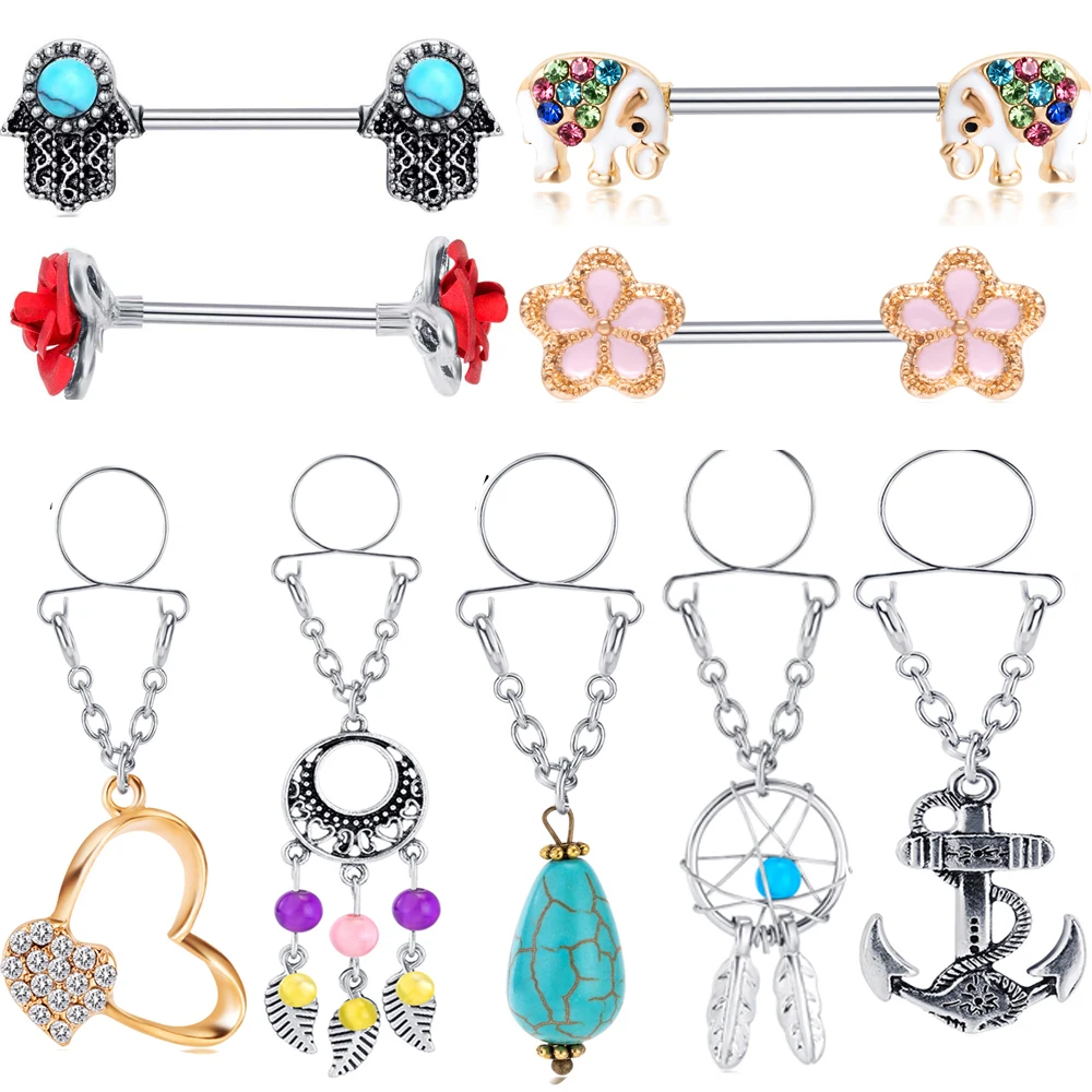 JUNLOWPY 2pcs Fake Nipple Rings Dangle Non Pierced Stainless Steel Faux