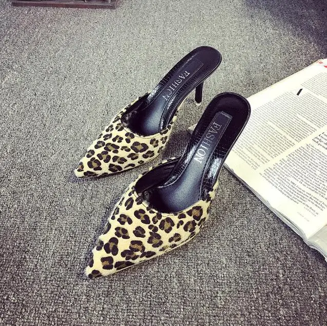 Женская Повседневная обувь; Babouche; обувь с острым носком на высоком каблуке; тапочки на шпильке; лоферы; шлепанцы на шпильке; обувь без задника - Цвет: brown leopard print