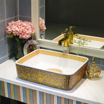 

Rectangular China Artistic Handmade Blue And White Counter top Ceramic Bathroom Vessel Sink glaze wash sink