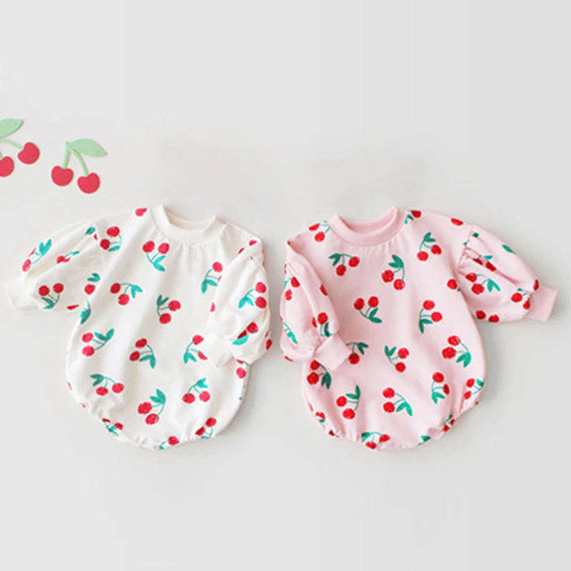 

Autumn Infants Baby Girl Clothes Korean Baby Girl Bodysuits Long-sleeved Cotton Jacket With Cherry Printing Toddler Jumpsuit