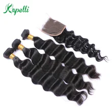 Kapelli Human Hair Loose Deep 3 Bundles With Lace Closure 4*4 4 Pc/Lot Brazilian Hair Weave Bundles With Closure Remy Hair