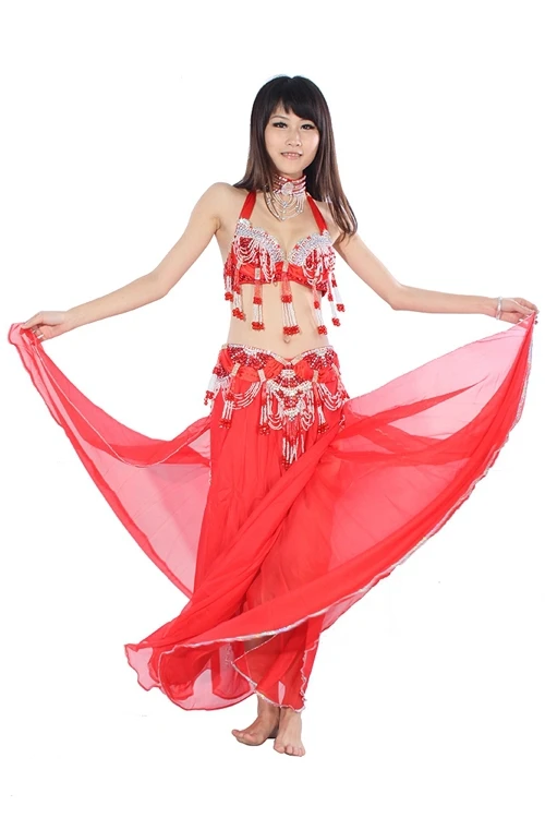 Модная танцевальная одежда сексуальный набор костюма для танца живота бюстгальтер Женская юбка пояс одежда танец живота длинное платье Восточный бисер костюм - Цвет: red