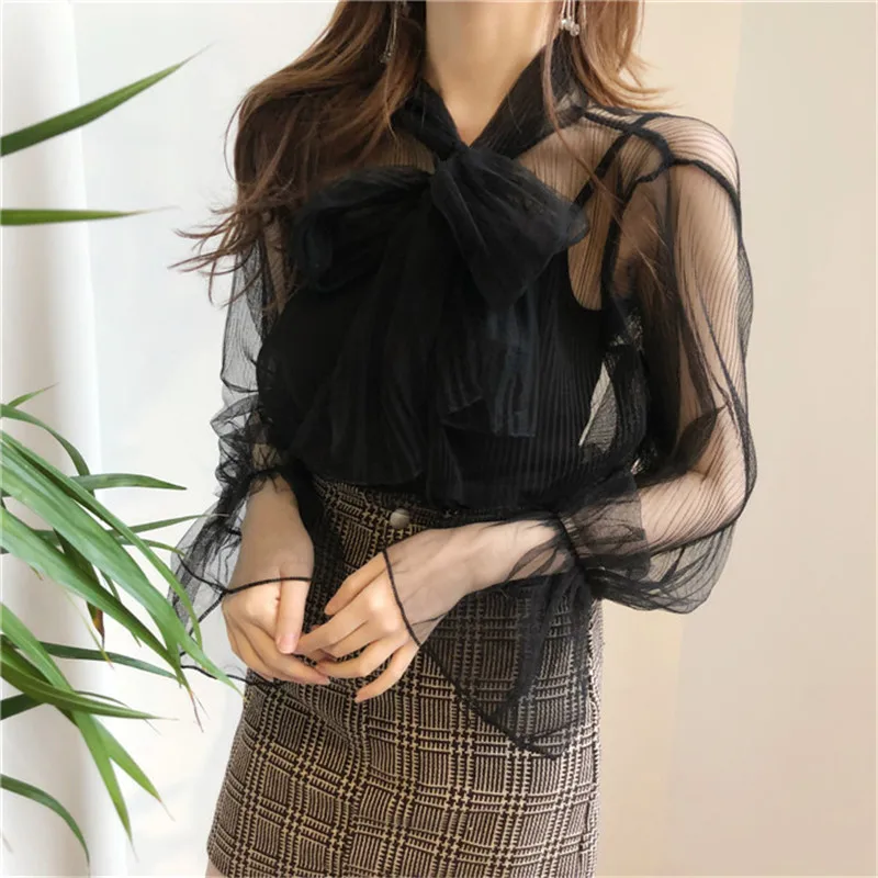 2018 Two Piece Women Mesh Blouse Solid Casual Tie Bow Lace Shirts Female Flare Sleeve Blouses Bottoming Shirt +Tank Tops AB800 2