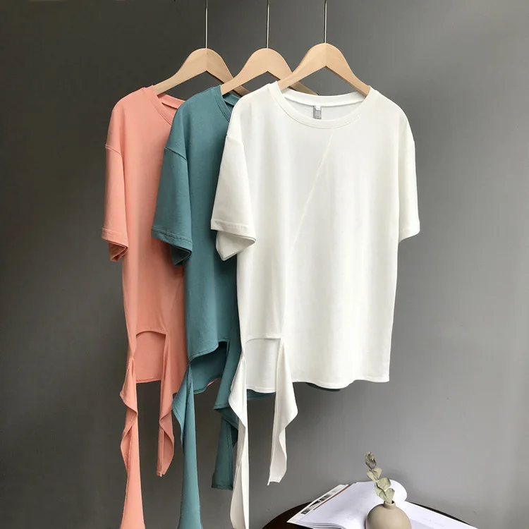 2019 الصيف النساء غير متناظرة القطن المحملات قمم قصيرة الأكمام يا الرقبة الصلبة عارضة القمصان الأساسية الأبيض 2019 الصيف النساء غير متناظرة القطن المحملات قمم قصيرة الأكمام يا الرقبة الصلبة عارضة القمصان الأساسية الأبيض