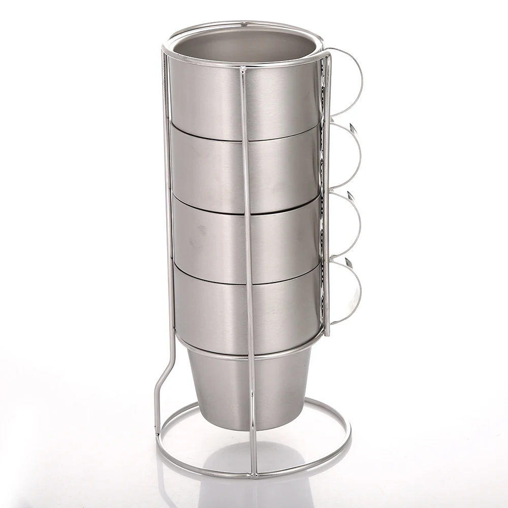 

Realand 4pcs Stackable Stainless Steel 10oz Coffee Cups Double Layer Heat Insulated Coffee Mug with Stand for Home Outdoor Use