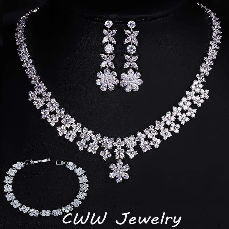 

CWWZircons Luxury Cubic Zircon Bridal Earrings Necklace And Bracelet Set For Women High Quality Wedding Jewelry T185