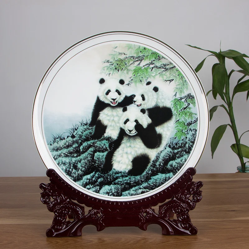 

Chinese Bone China Ceramic Decoration Animal Panda Plate Wood Base Porcelain Plate Set