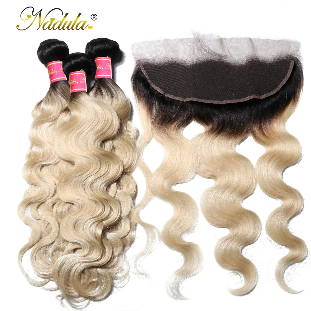 

Nadula Hair Brazilian Body Wave Hair Bundles With Lace Frontal 3 Bundles T1b/613 Hair 13*4 Remy Human Hair Bundles With Closure