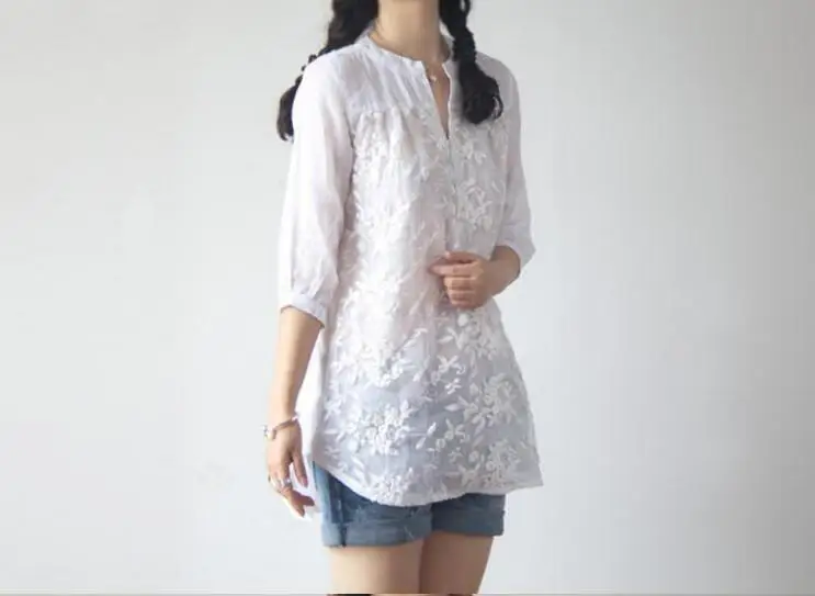 

2019 New Women Organza Embroidered Flowers Printed Perspective V-neck Long Chiffon Shirt for Girls Female