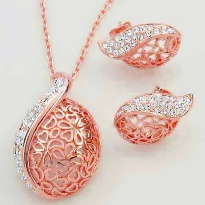 

holiday sale Wholesale gold Color White gold Color hollow leaf pendant rhinestone Crystal Jewelry Sets