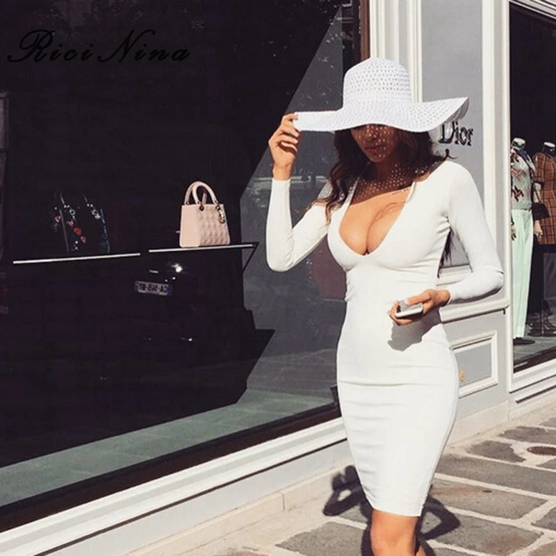 RICININA New Summer Dress Women Deep V-Neck Long Sleeve Knee-Length Slim Sexy Bodycon Dress Lady Party Bandage Dresses Vestidos