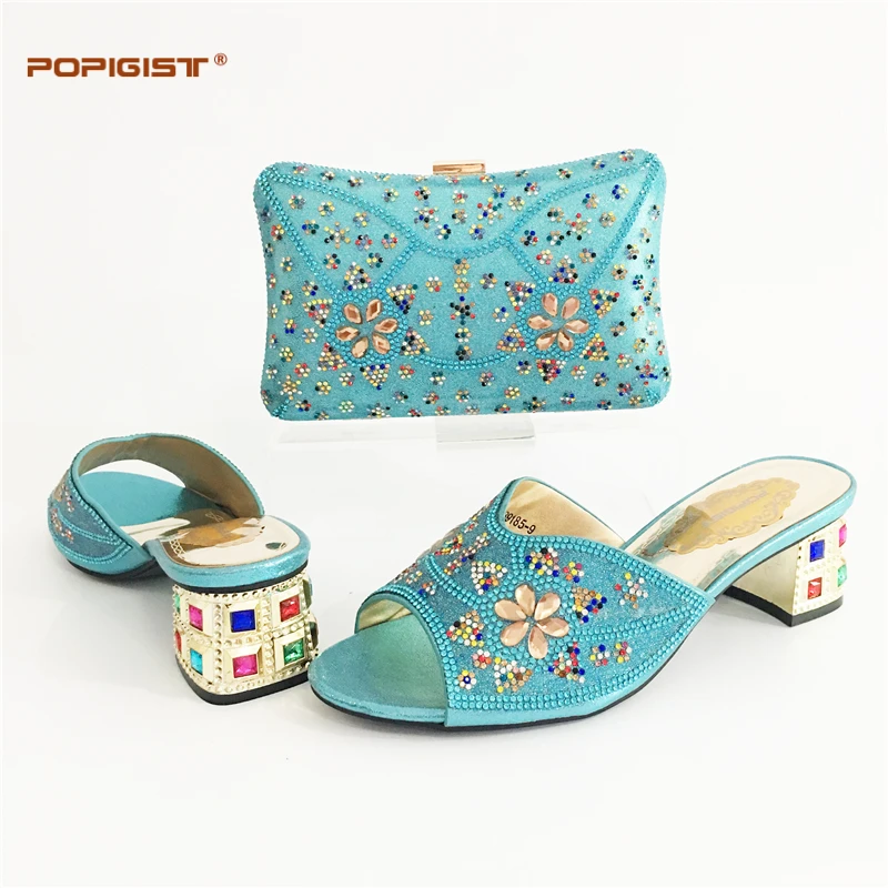 

Teal Color Italian Shoes Ladies Shoe and Bag Set Decorated with Rhinestone Matching Shoes and Bag Set for Wedding African Shoes