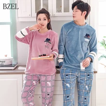 BZEL/фланелевые пижамные комплекты с героями мультфильмов; Комплект для пары; Повседневная семейная одежда для мужчин и женщин; фланелевая одежда с круглым вырезом для влюбленных