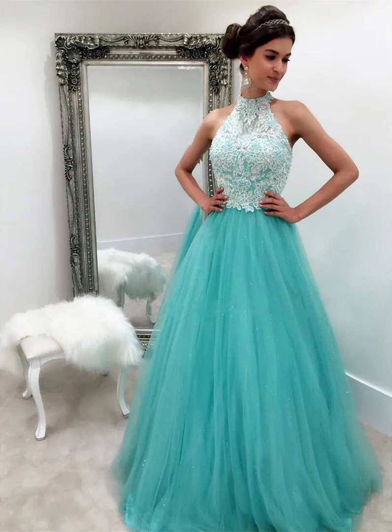 pic color Tiffany Blue ткань французское кружево А-силуэта вечерние платья длинный, с бретелями шеи кружева Формальные Вечерние платья Vestido de noche robe de soiree - Цвет: pic color