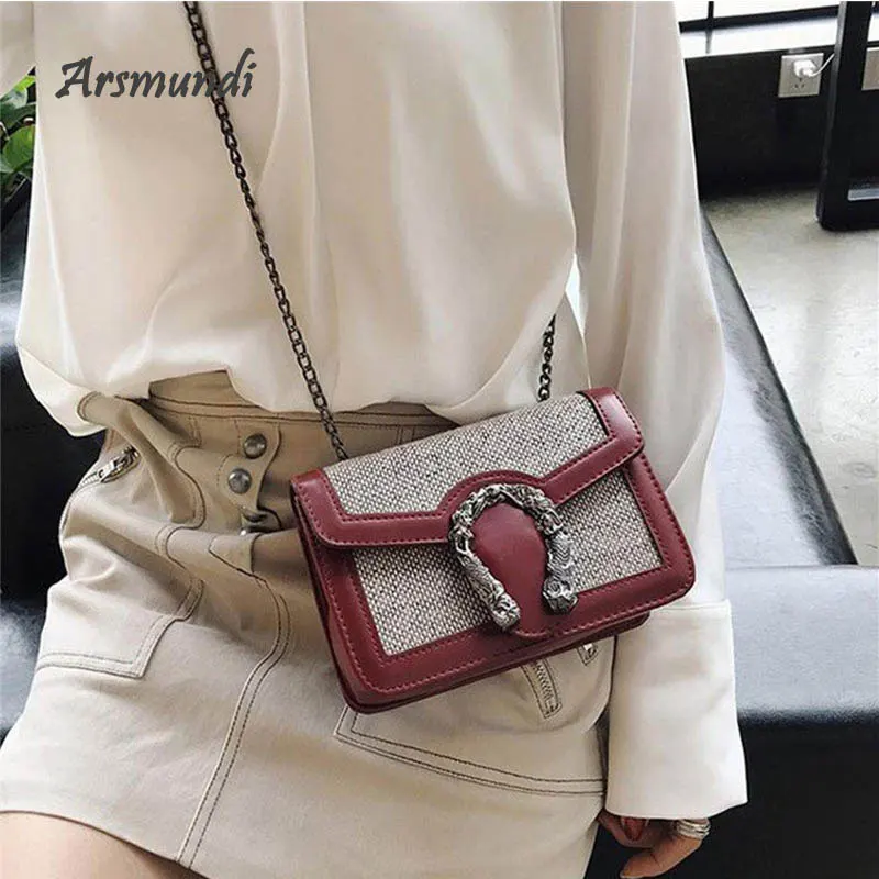 

Arsmundi 2019 Women Bag New Linen Bag Hit Color Shoulder Bacchus Chain Small Square Bag Shoulder Diagonal Handbag Crossbody Bag