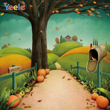 

Thanksgiving Autumn Pumpkin House Tree Leaves Mailbox Cartoon Dreamy Backdrop Vinyl Photography Background For Photo Studio Prop