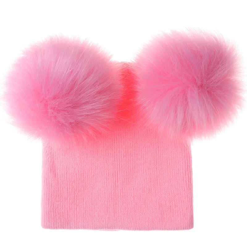 Зимние шапки для детей, вязаная шапочка, детская шапка, детские меховые шапки с помпонами для девочек и мальчиков, теплая шапка - Цвет: Pink