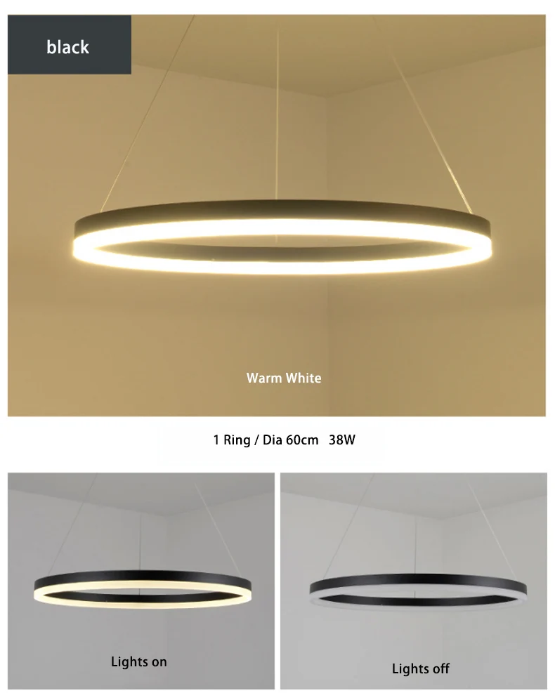 Современный светодиодный черный и белый Rrings светодиодный светильник для гостиной, столовой, кухни, висячие светильники