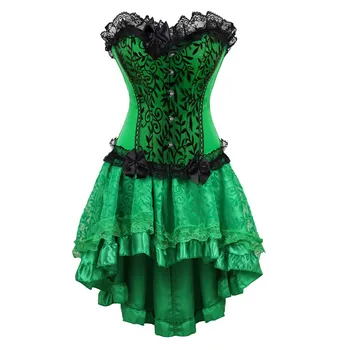 

Women Burlesque Dancer Dress Witch Halloween Sexy Bustier Corset Gothic Lace Vintage Corset Dress With Skirt Set Plus Size 6XL