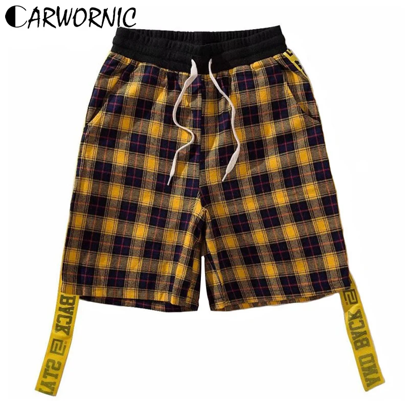 CARWORNIC мужские клетчатые шорты в стиле хип-хоп повседневные Летние фланелевые клетчатые фестончатая лента бегущие шорты мужские с эластичной резинкой на талии спортивные шорты